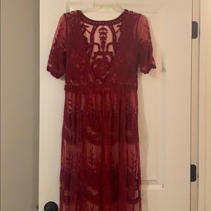 Long sheer maroon maxi style dress lace detail